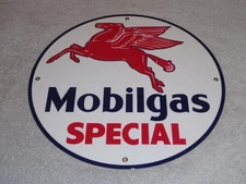 VINTAGE MOBIL MOBILGAS SPECIAL GASOLINE 11 3/4" PORCELAIN METAL PEGASUS OIL SIGN