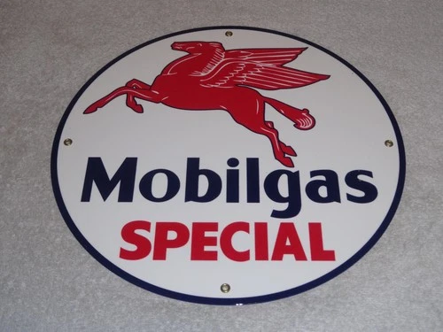 VINTAGE MOBIL MOBILGAS SPECIAL GASOLINE 11 3/4" PORCELAIN METAL PEGASUS OIL SIGN
