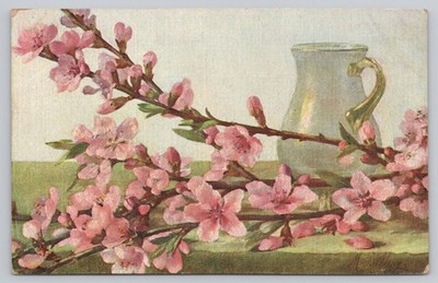 Vintage WKG Art Postcard Pink Cherry Blossoms Still Life & Pitcher Unposted