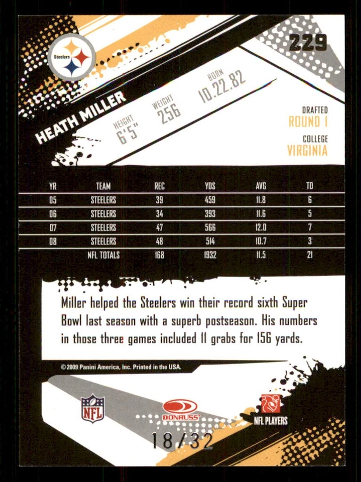 2009 Score Inscriptions Artist's Proof #229 Heath Miller /32 - Image 2 of 2