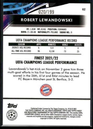 2021-22 Topps Finest UEFA Champions League #62 Robert Lewandowski Ray Wave #/199 - Picture 2 of 2