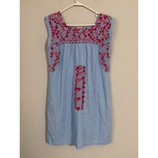 J. Marie Light Blue Floral Embroidered Cotton Linen Shift Dress Jm1994 Small