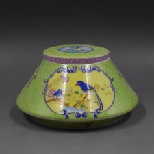 Chinese Qing Qianlong Green Enamel Porcelain Flowers Birds Design Tea Caddy 5.4"