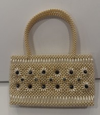 Vintage 100 Silk Pearl Beaded Floral Evening Handbag Ivory Gold Top Handle
