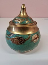 Vintage 1970s Indian Brass Green Enamel Trinket Ginger Jar