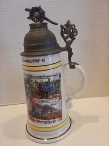 VINTAGE WEST GERMANY  REGIMENTAL BEER STEIN WITH LITHOGRAPH BOTTOM CANNON LION