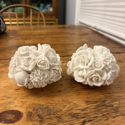 Lot 2 VTG Ardalt Verithin Porcelain China White Floral Rose Candleholders Japan