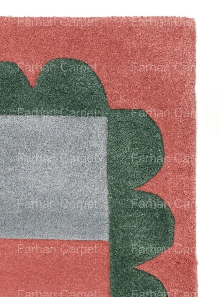 Modern Striped Hand Tufted Wool Area Rug – Soft Pink, Grey & Green Border Carpet - Image 2 of 4