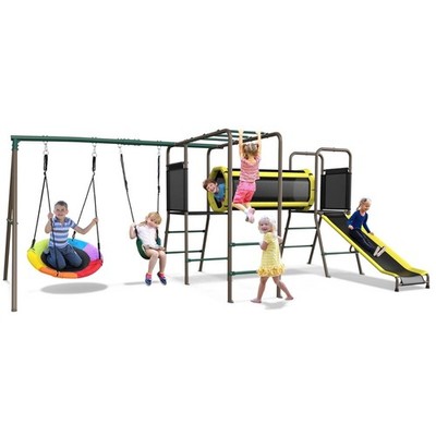Kids 5-In-1 Metal Swing With Slide Monkey Bars Saucer Swing & Tunnel Playground