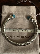 David Yurman 5mm Wide Cable Bracelet 925 Silver & Gold With Blue Topaz Size M