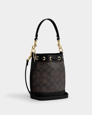 $298 Coach Mini Bucket Walnut/Black Leather Drawstring Bag In