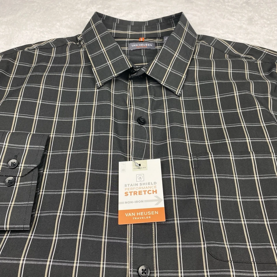 Camisa de vestir Van Heusen Traveler para hombre 16-16,5 gris con cuadros beige sin planchar ¡NUEVA CON ETIQUETAS! Foto 4 de 4