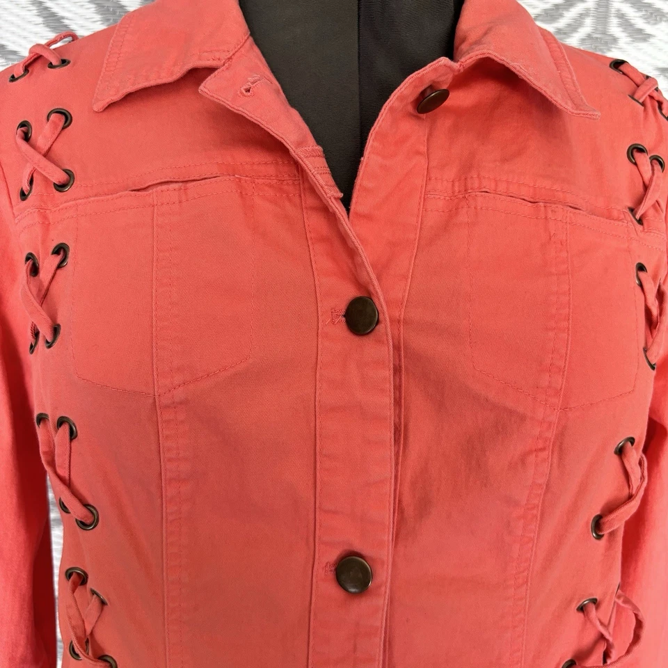 Vintage Y2K Lace Up Denim Jacket Women’s Sz XL Fits A Large Best Pink Stretch - Image 4 of 4