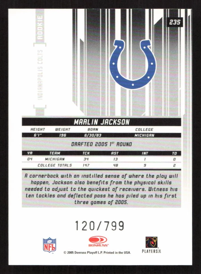 2005 Leaf Rookies & Stars Marlin Jackson #/799 RC Rookie #235 Card - Image 2 of 2