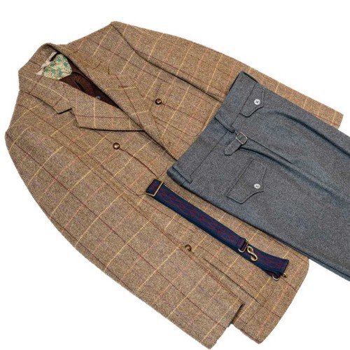 Men Brown Check Suit Herringbone Jacket Single Breasted Notch Lapel Tweed Tuxedo - Picture 3 of 8