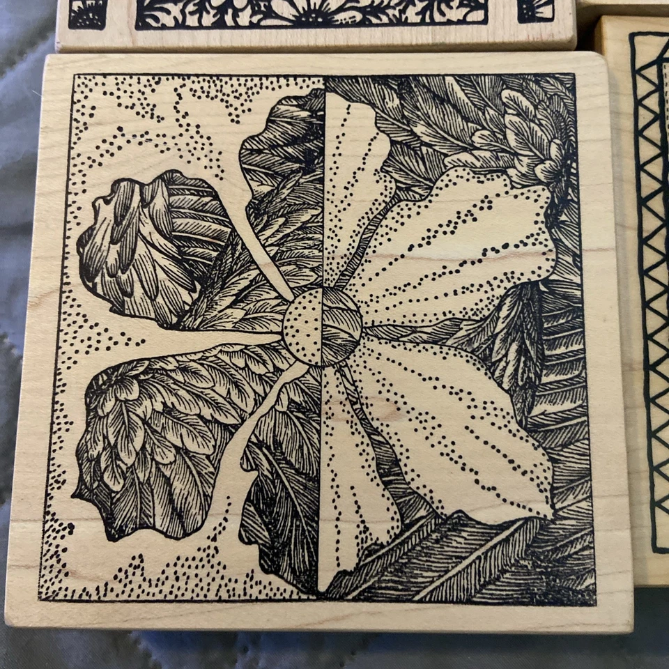 4 estampillas grandes de goma vintage en bloque de madera con diseño de flores Foto 2 de 4