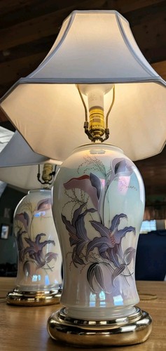 1980s Iridescent Calla Lily Table Lamps Pair Purple Gold Hollywood Regency WORKS