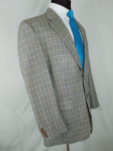 Chaps Ralph Lauren Mens 42L Silk Tan Blue Check Houndstooth Blazer Sport Jacket - Picture 6 of 17