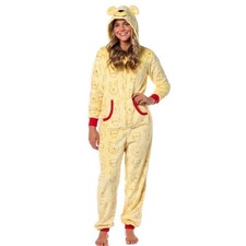 Disney Winnie the Pooh Plush Fleece Hooded One Piece Union Suit Yellow Large L