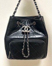 Chanel Drawstring Bucket Crinkled Calfskin Leather Black Quilted Bag Authentic