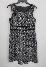 Talbots Dress Womens 6 Black White Floral Sleeveless Linen Blend Fit and Flare