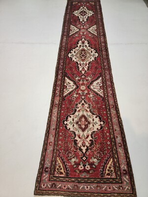 Antique Oriental Hand-Knotted Wool Runner Red/Ivory/Black/Blue 2'8'' x 13'6''