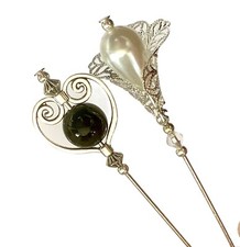 2x 5” Long Hat Pins Silver Pearl, Onyx  Vintage Style Gifts For Her Xmas Gifts