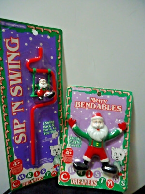 NIP lot of 2 VTG Sip N Swing Straw & Merry Bendable Santa, 1993 Trendmasters NOS