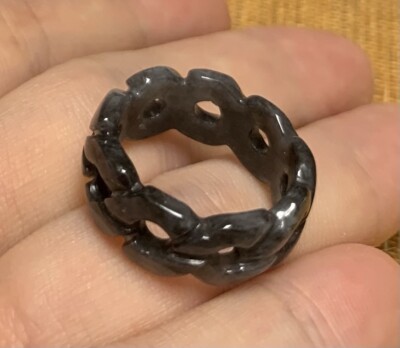 Certified Black 100%  Natural A JADE Jadeite Knotted Coin RING USA. 6.5 # 418226