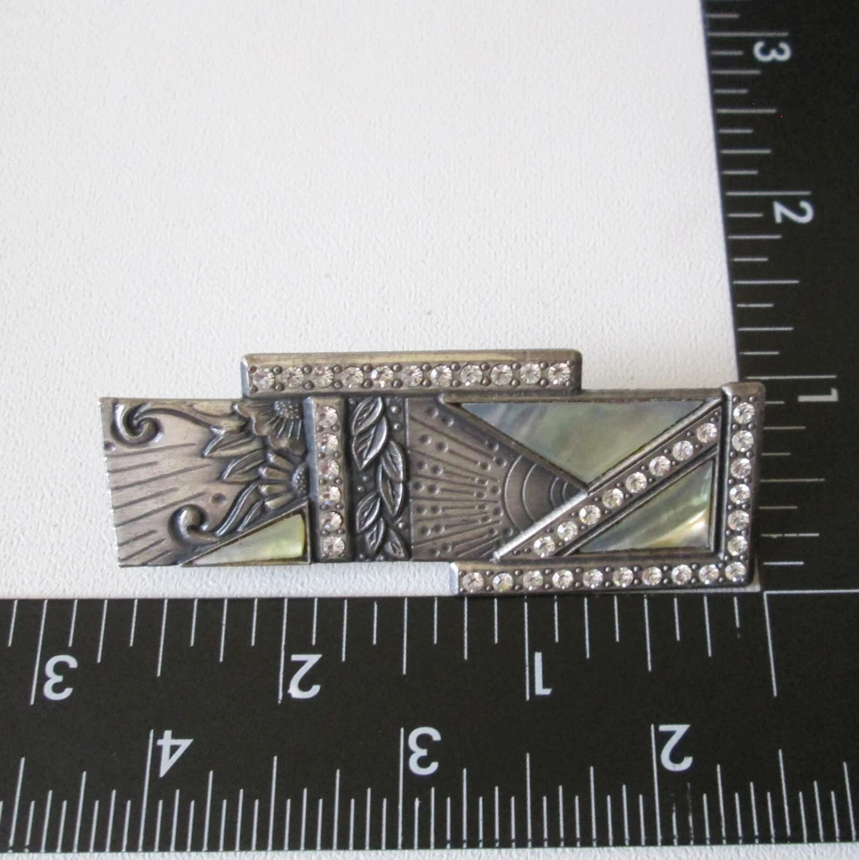 Vintage Nuri Pewter Brooch Bar Pin Art Deco Revival Rhinestones Abalone Signed - Image 4 of 4