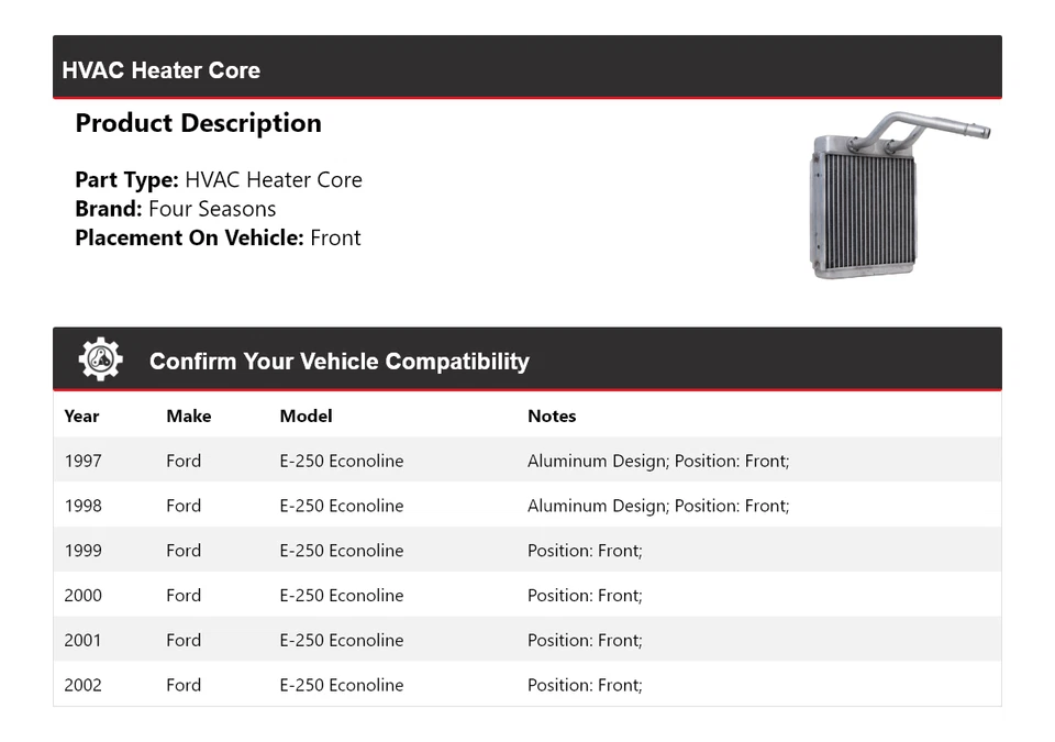 Передний обогреватель с сердечником для Ford E-250 Econoline 1997-2002 годов выпуска 4 сезона 1998 1999 - Изображение 2 из 4