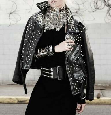Retro Fashion Style Gothic Leather Jacket Black Leather Studded