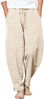 Men'S Linen Harem Drawstring Pants Casual Elastic Waist Lightweight Trouser Hipp