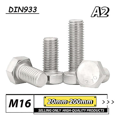 M16 - 16mm SET SCREWS HEX HEAD FULLY THREADED BOLTS A2 STAINLESS STEEL - DIN 933
