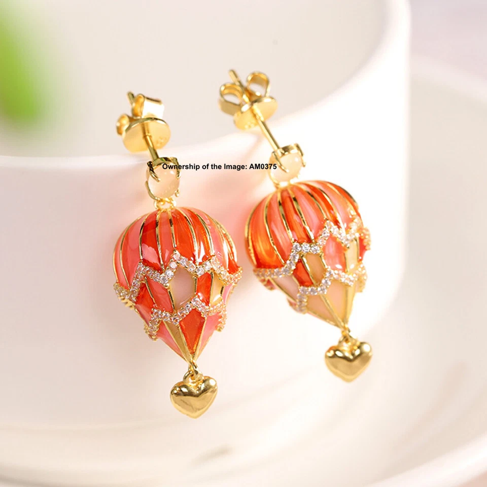 Pendientes colgantes enchapados en oro real de plata de ley 925 con forma de globo rojo Foto 2 de 4