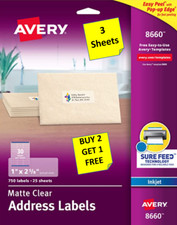  3 Sheets Avery 8660 Matte Clear Mailing Labels 1 x 2 5/8 INKJET B2G1