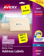 [3 Sheets] Avery 8660 Matte Clear Mailing Labels 1 x 2 5/8 INKJET B2G1