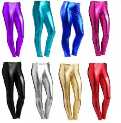 NEU DAMEN DISCO TANZ LEGGING GLÄNZEND METALLIC WETLOOK STRETCH AUSGEFALLEN HENNE LEGGING