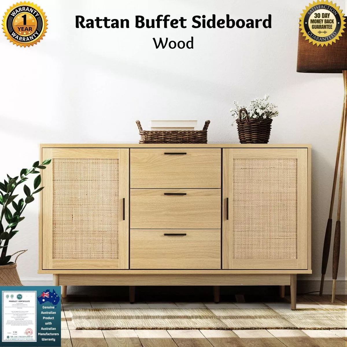 Artiss Buffet Sideboard Rattan Kitchen Cabinet Storage Hallway