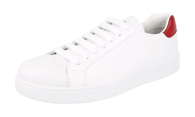 PRADA Leder Downtown Cap Toe Sneaker Schuhe - 4E3539 - Weiss Rot - NEU