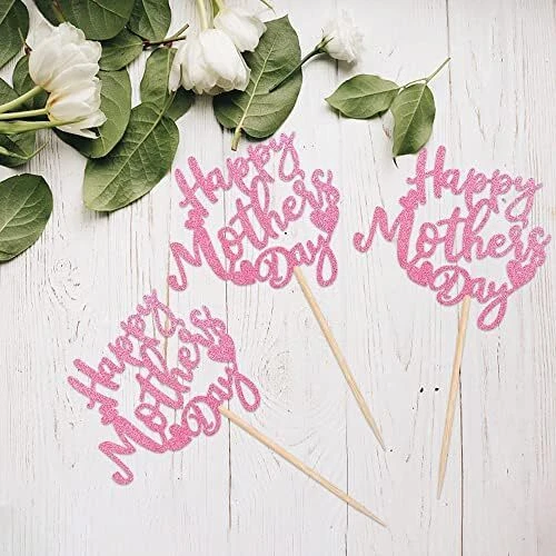24 PCS Happy Mother's Day Cupcake Toppers with Glitter Heart Love Mother Best Mo - Image 4 of 4
