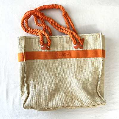 ESCADA Sunset Heat Tote Faux Straw with Rope Handles Beach Bag Orange Lining