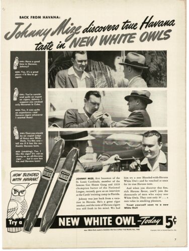 1940 White Owl Cigars Johnny Mize St. Louis Cardinals baseball Vintage Print Ad