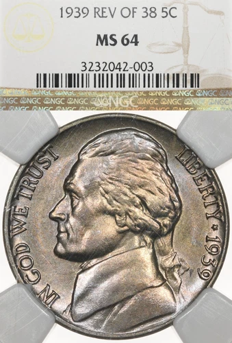 1939 Rev Of 38 5C NGC MS 64 Jefferson Nickel - Toned
