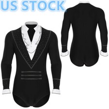 Men's Figure Skating Leotard Long Sleeve Color Block Ruffled Collar Bodysuit