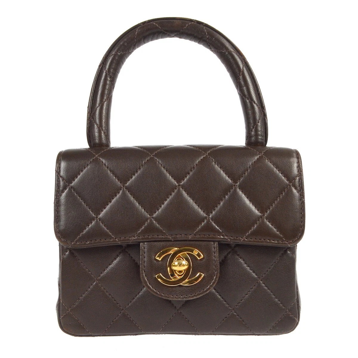 CHANEL Quilted CC Mini Square Handbag Brown Lambskin Purse France 96861