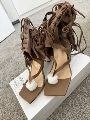 Women’s Brown Square Toe Stiletto Heels UK 5 Lace Up Ankle Strap - Image 1 of 3