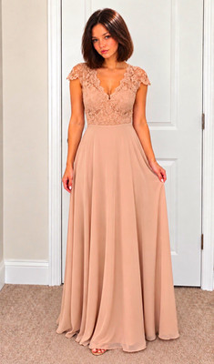 Calvin Klein Women s Beige Lace Bodice V-Neck Cap Sleeve Maxi Dress Size 6