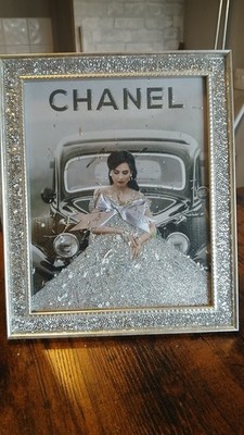 ZERKLEINERTER DIAMANT PARFÜMFLAKON GLITZER SILBER RAHMEN & DRUCK ORNAMENT BLING 8x10''