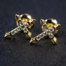 1CT Round Cut White Moissanite Men's Cross Stud Earrings 14K Yellow Gold Plated